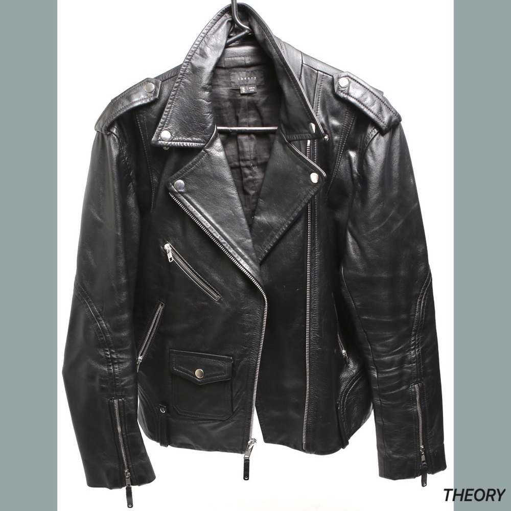 Theory Men’s Black Leather Medium Biker Jacket - Picture 2 of 7